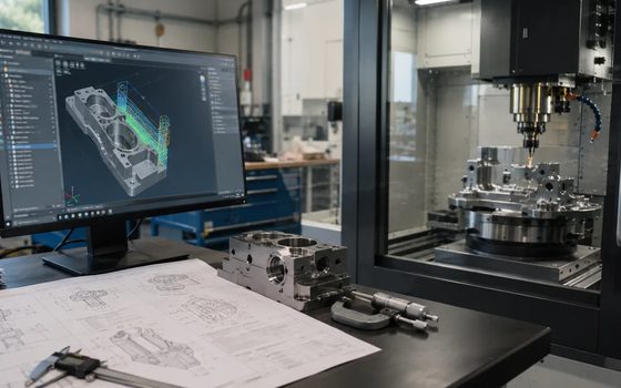 Stanowisko CNC, model 3D na monitorze i rysunki techniczne przy obrabiarce