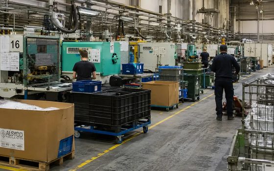 Hala wtryskarni, rzędy maszyn i wózki z pojemnikami między liniami