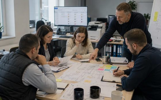 Warsztat przy stole, uczestnicy pochyleni nad wydrukami i schematem procesu