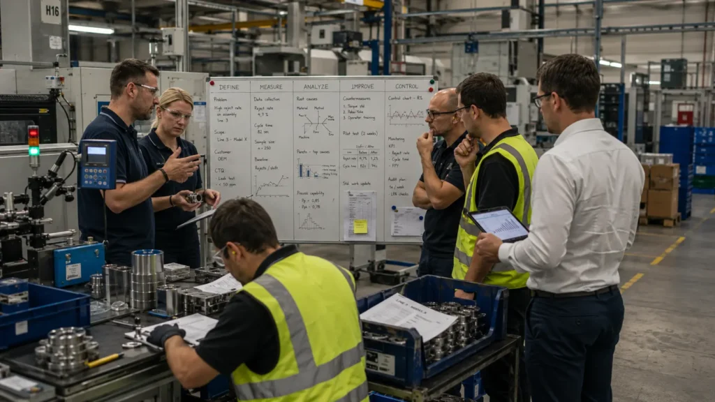 Zespół analizujący proces produkcyjny podczas projektu DMAIC